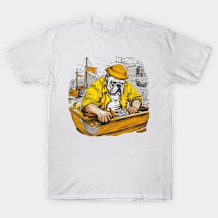 A Carpenter English Bulldog working on a wooden boat, surrounded by water and other boats in a busy T-Shirt